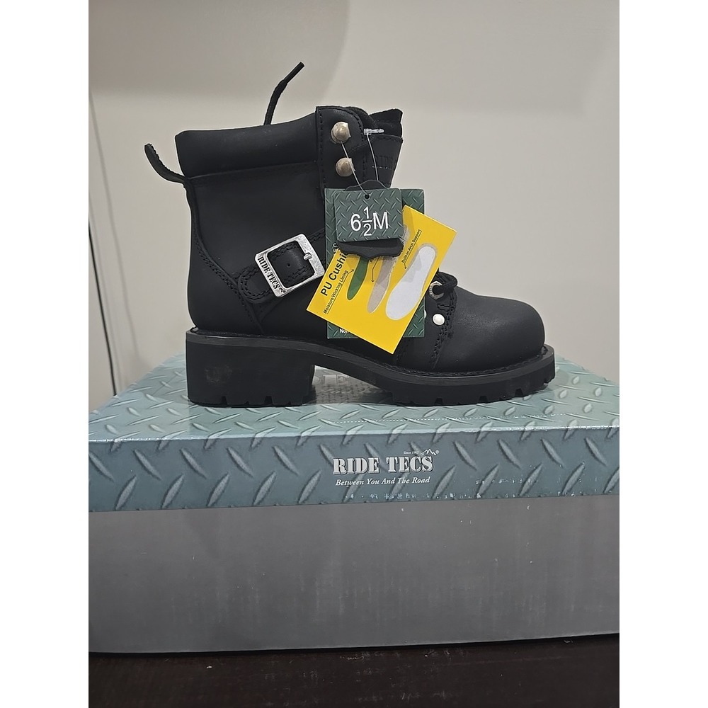 RideTecs Womens Zipper Lace Black Leather Motorcycle Riding Boot Sz 6.5M